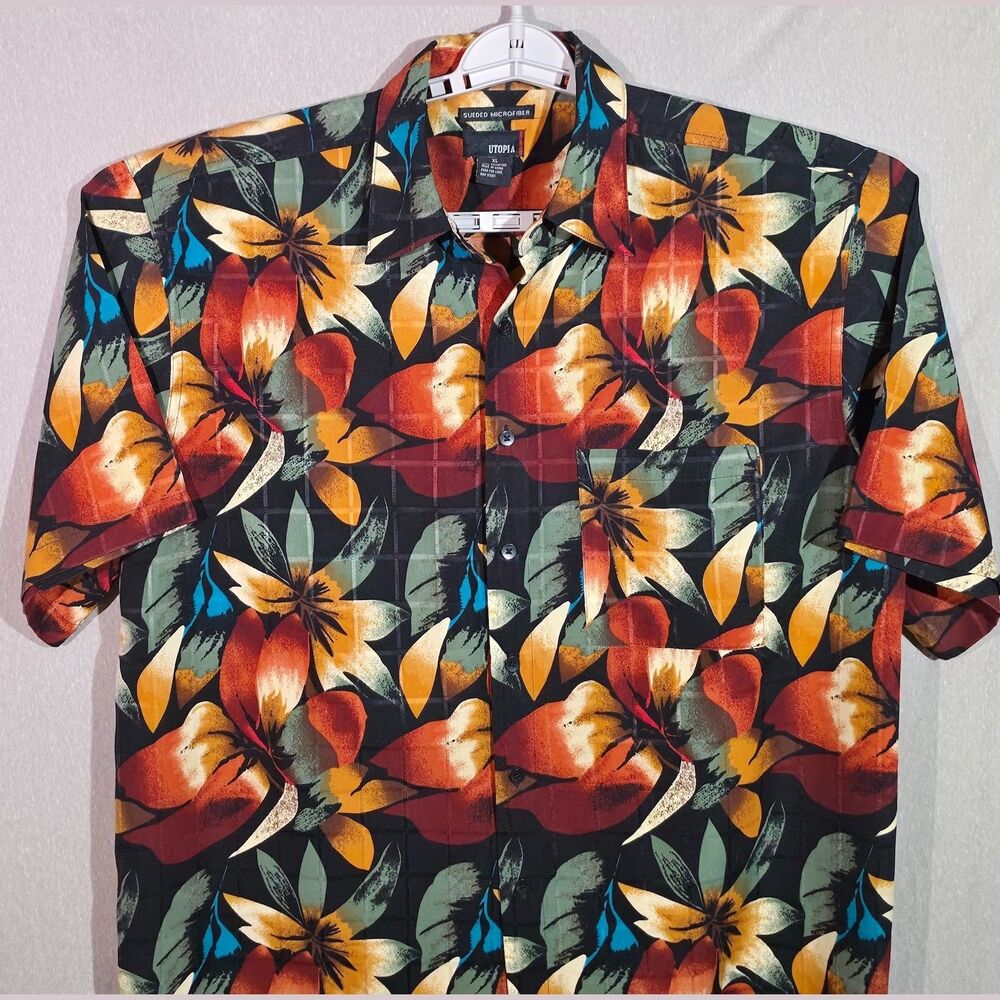 Utopia Sueded Microfiber Hawaiian Camp Shirt in Black Orange Floral XL